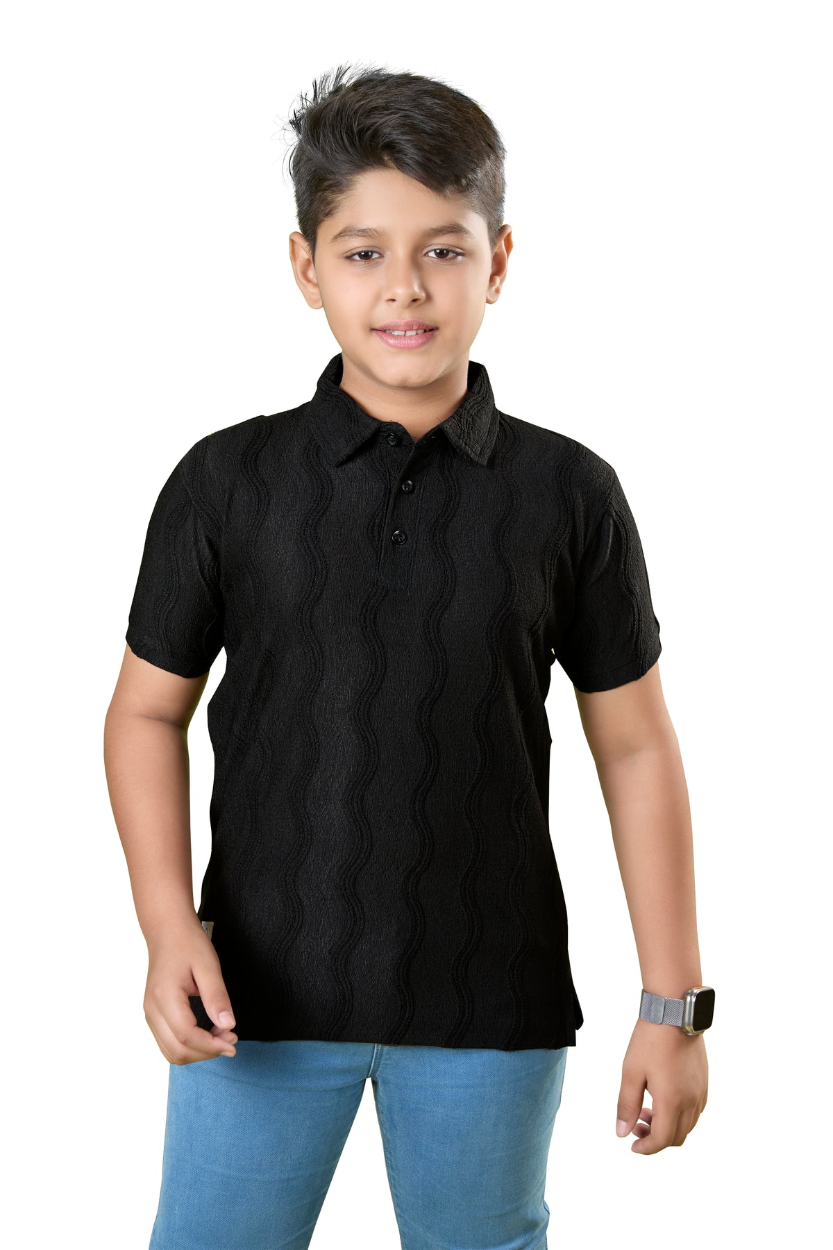 Jet Black Textured Half Sleeves Polo T-Shirt