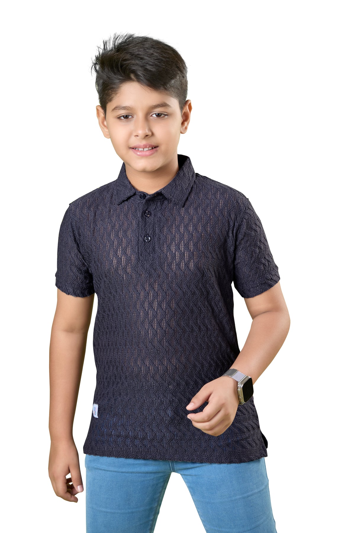 Boys Navy Blue Textured Half Sleeves Polo T-Shirt