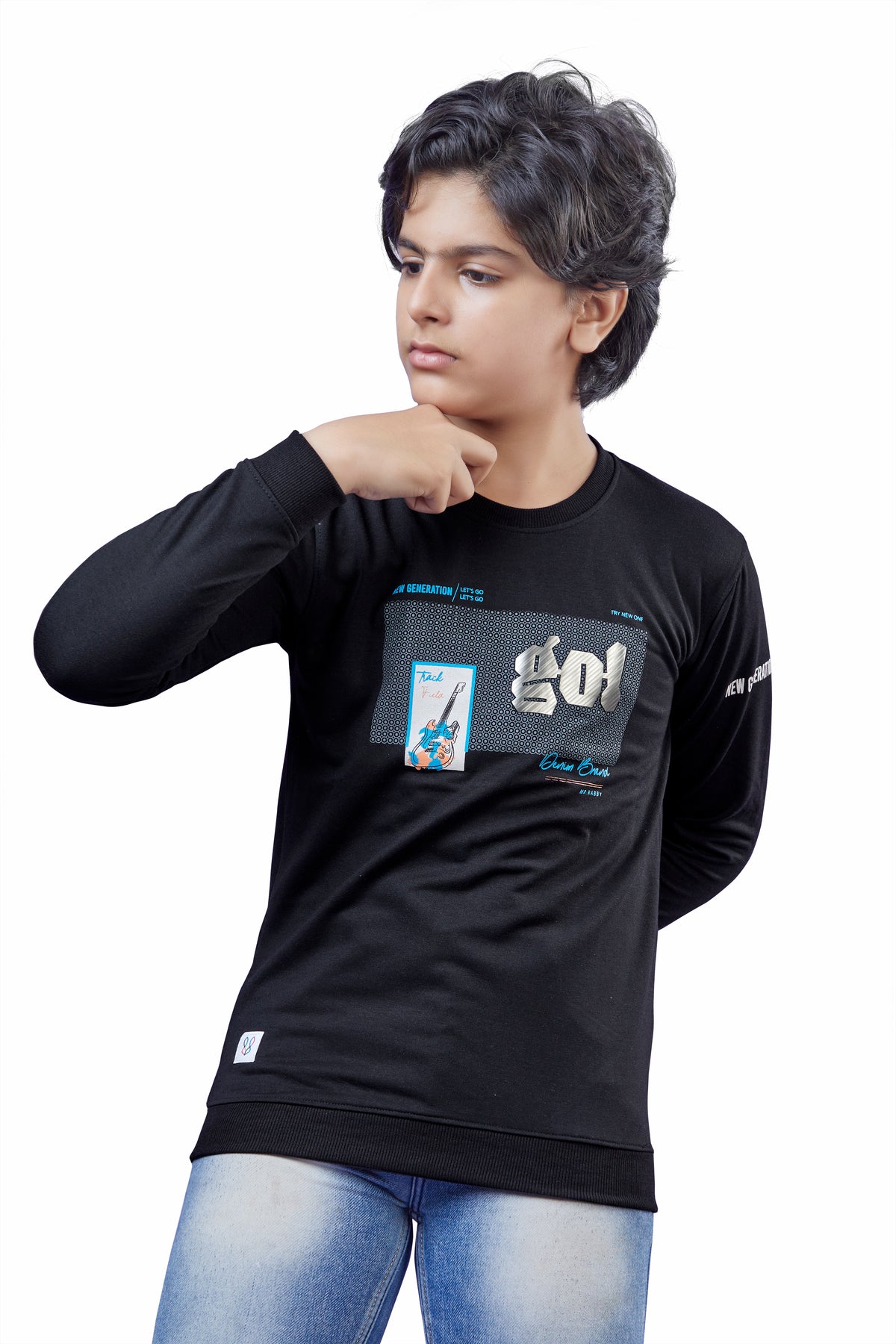 Black Graphic Print Boys Full Sleeves T-Shirt