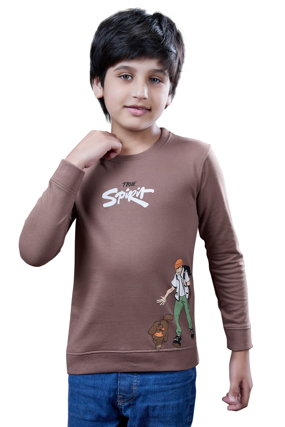 Dark Brown Graphic Print Boys Full Sleeves T-Shirt