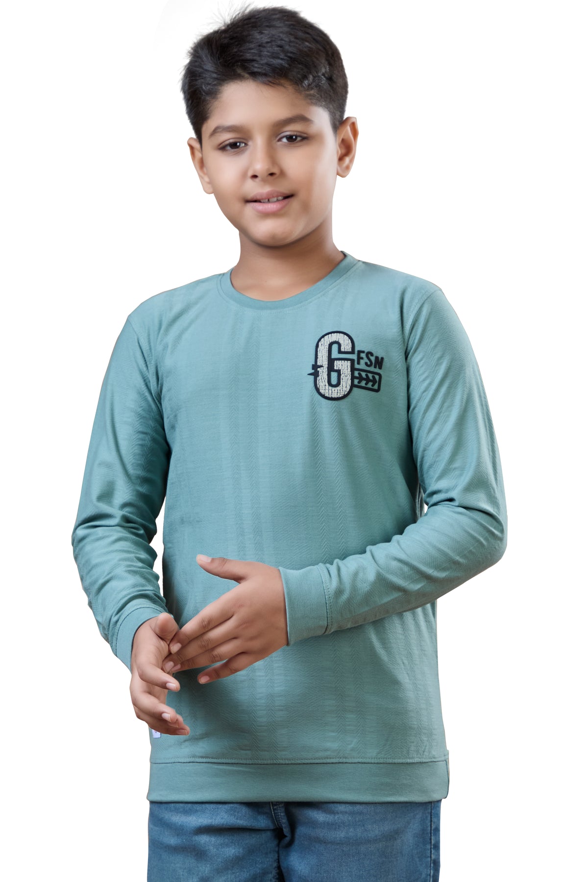 Sea Green Minimal Graphic Boys Full Sleeves T-Shirt