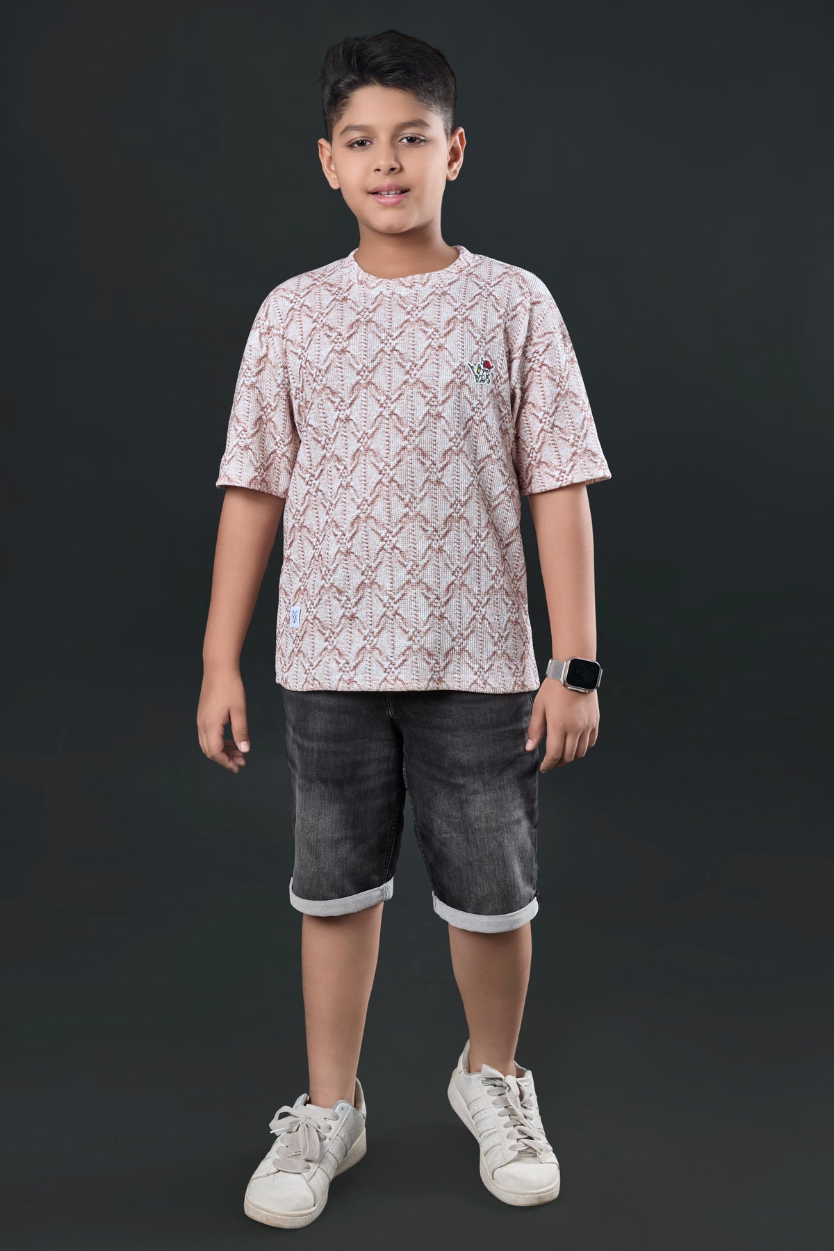 Boys Brown Textured Half Sleeves T-Shirt