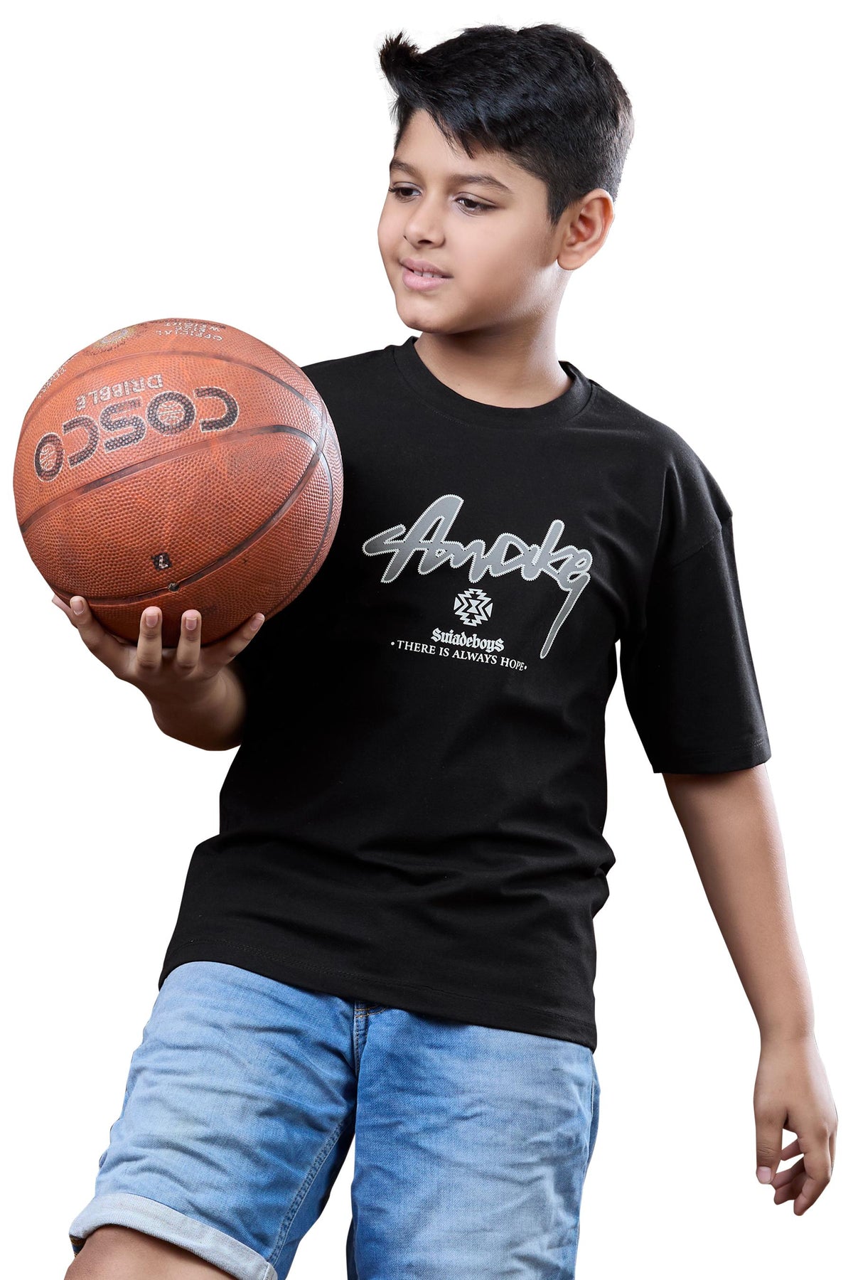 Urban Vibe Boys Black Half Sleeves Drop-Shoulder T-Shirt