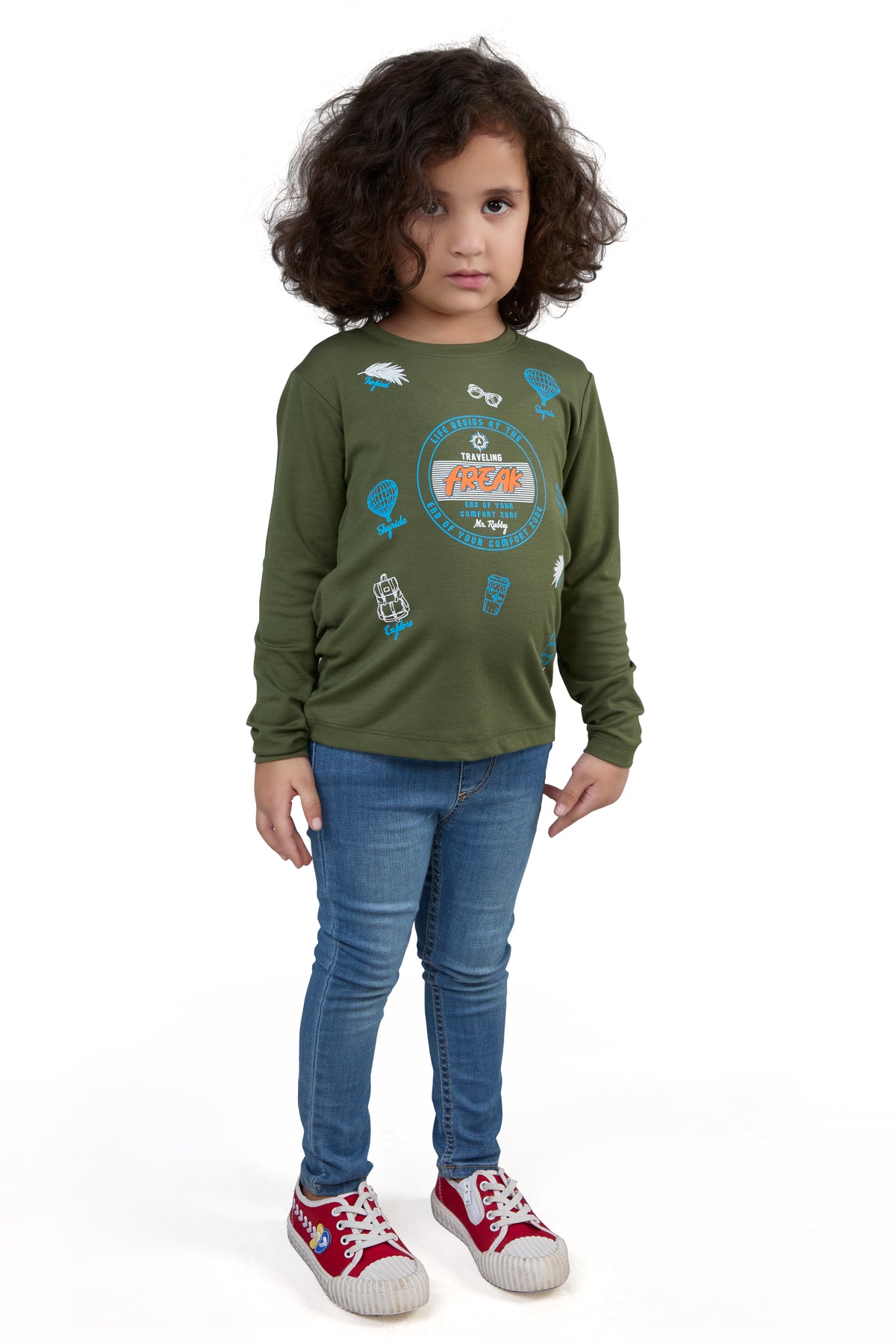 Olive Green Travel Graphic Girls’ Full Sleeves T-Shirt