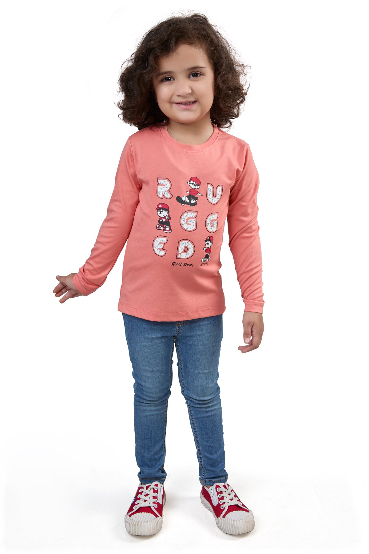 Peach Coral Rugged Graphic Girls’ Full Sleeves T-Shirt