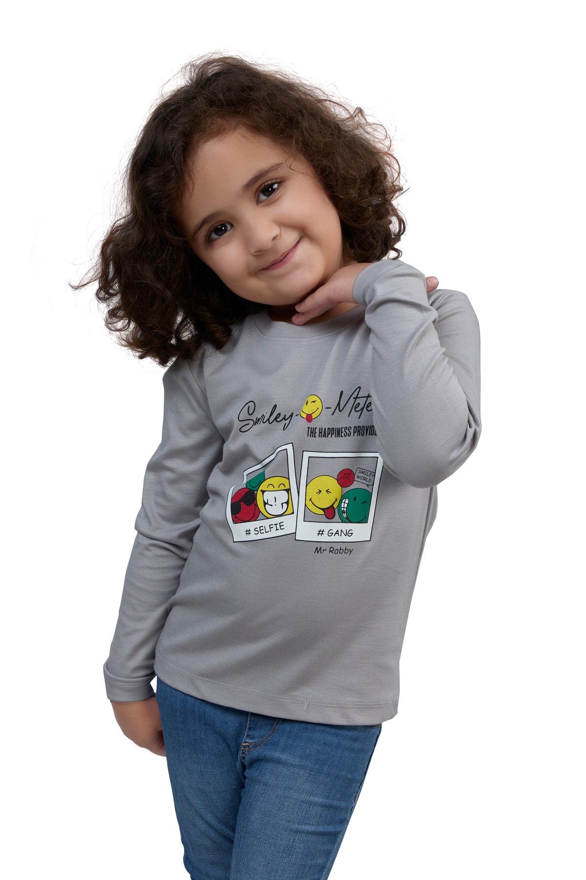 Cloud Grey Smiley Selfie & Gang Graphic Girls’ Full Sleeves T-Shirt