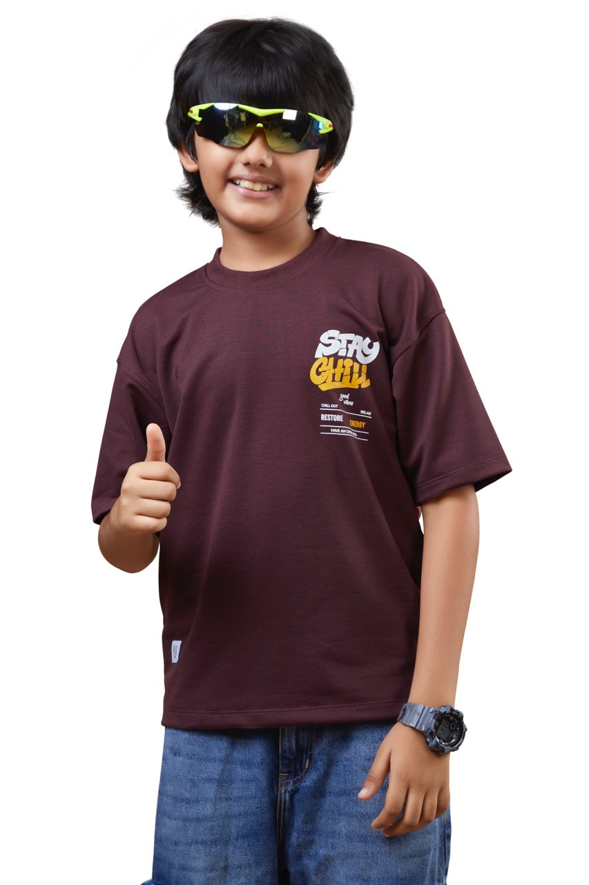 Boys Maroon Half Sleeves Drop-Shoulder Tshirt