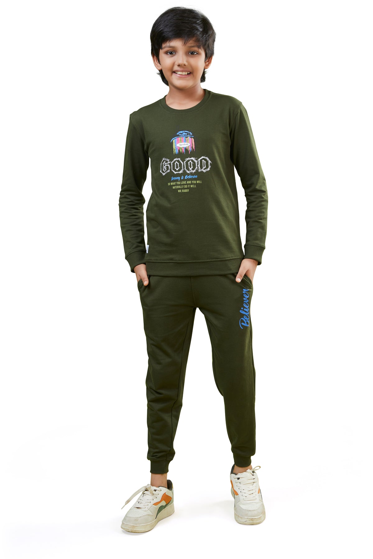 Dark Olive Green Good Vibes Boys Co-Ord Set (T-Shirt & Joggers)