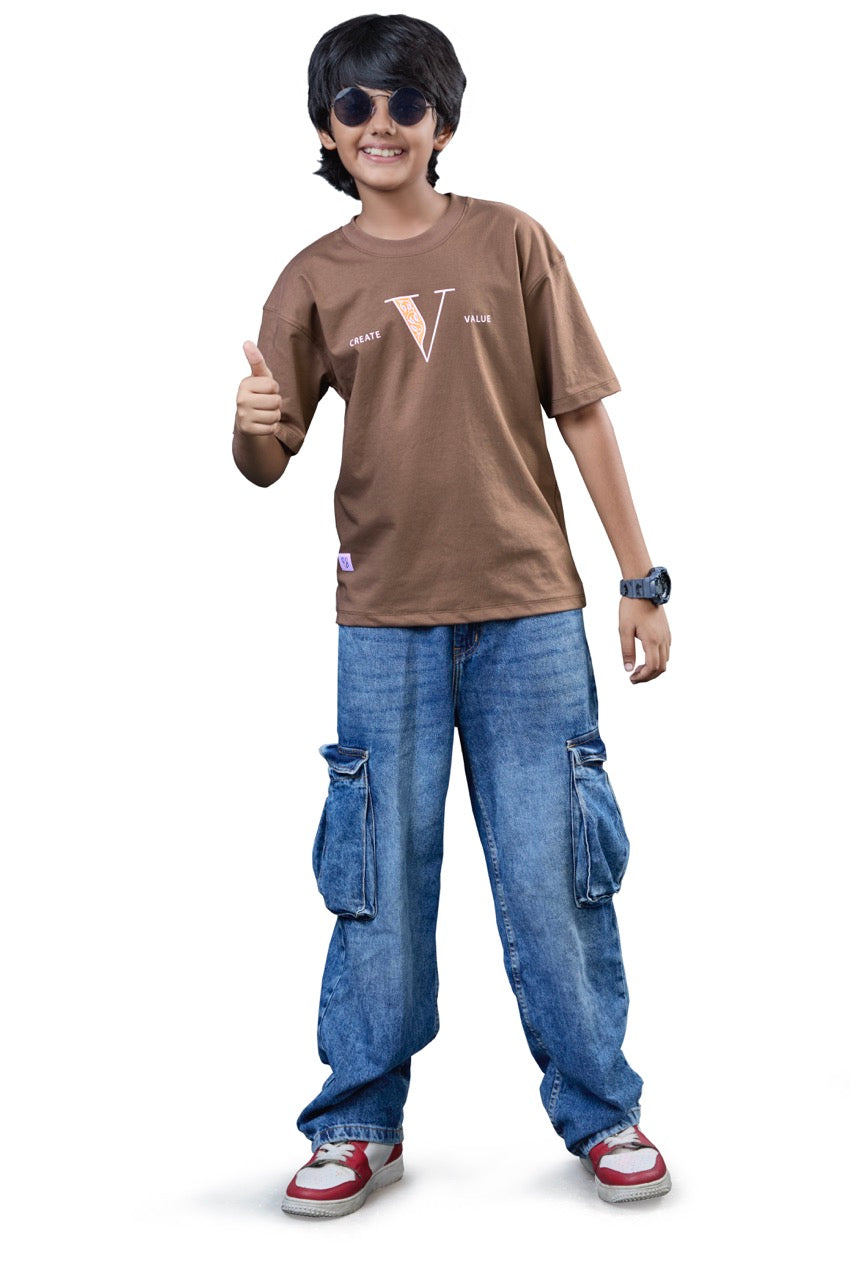 Urban Graphic Kids Half Sleeve Oversized Brown T-Shirt