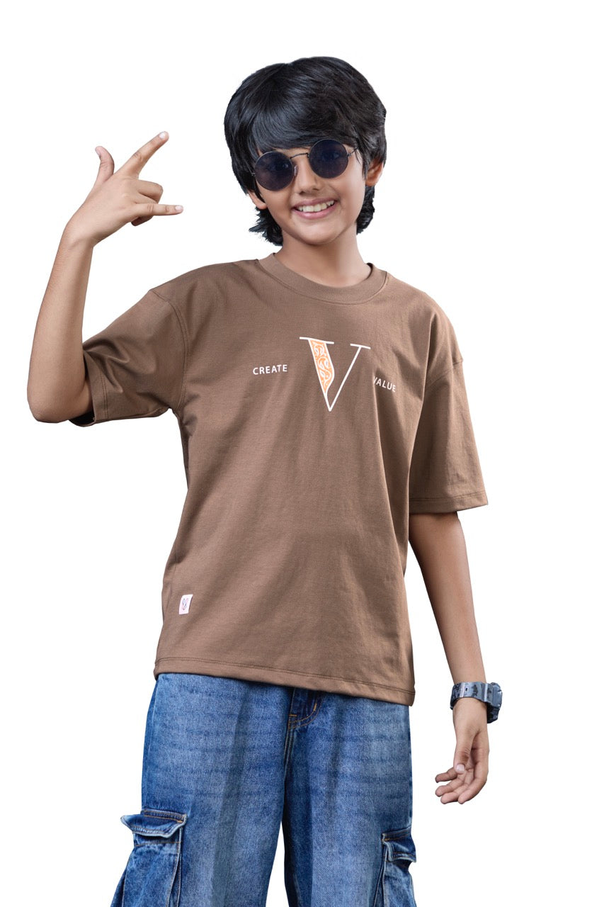Tan Brown Graphic Half Sleeves Oversized T-Shirt